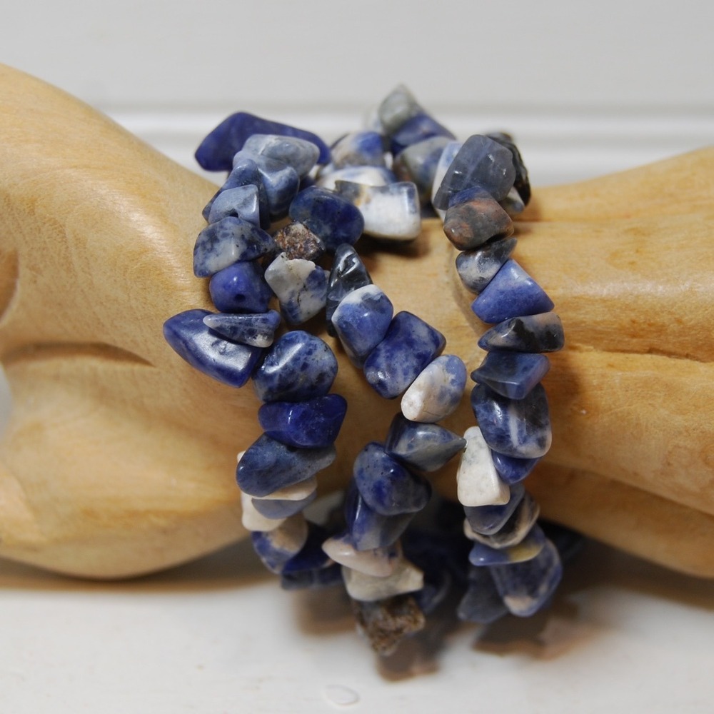 Vintage Blue Sodalite gemstone bracelets 3 elastic stretch bands jewelry Hippie